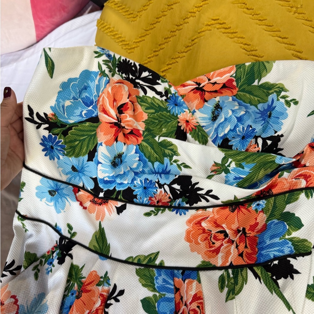 Torrid retro Floral Strapless Dress with Blue and Orange Flowers